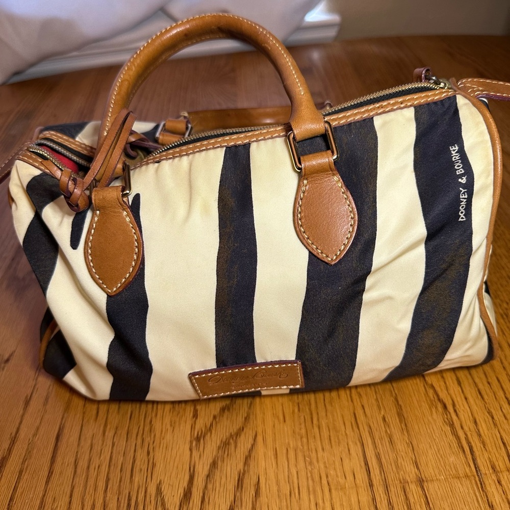 Dooney & Bourke Black and Cream Striped Leather-Trim Satchel